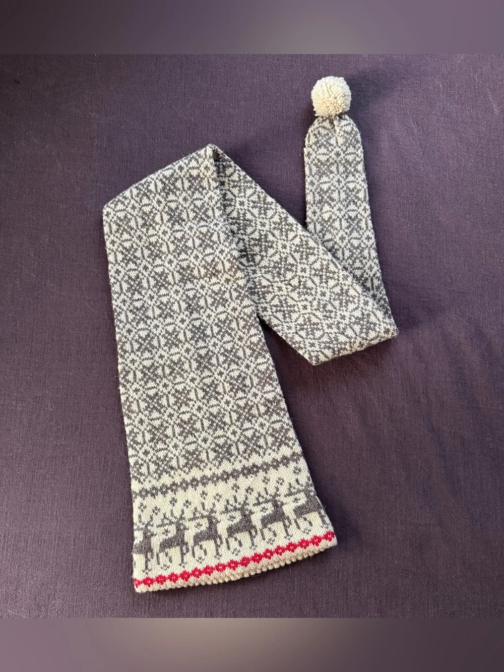 Vintage 60s 70s Nordic Wool Long Reindeer Fair Isle Knit Hat Scandinavian